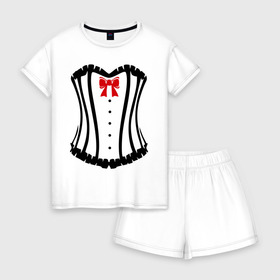 Женская пижама с шортиками хлопок с принтом Корсет с бантом в Сыктывкаре, 100% хлопок | футболка прямого кроя, шорты свободные с широкой мягкой резинкой | девушкам. кружева. бантики. рюши | корсет | одежда