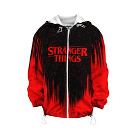 Детская куртка 3D с принтом STRANGER THINGS в Сыктывкаре, 100% полиэстер | застежка — молния, подол и капюшон оформлены резинкой с фиксаторами, по бокам — два кармана без застежек, один потайной карман на груди, плотность верхнего слоя — 90 г/м2; плотность флисового подклада — 260 г/м2 | Тематика изображения на принте: stranger things | очень странные дела