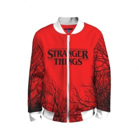 Детский бомбер 3D с принтом STRANGER THINGS в Сыктывкаре, 100% полиэстер | застегивается на молнию, по бокам два кармана без застежек, мягкие манжеты, по низу бомбера и на воротнике — эластичная резинка | Тематика изображения на принте: 011 | 11 | netflix | stranger things | демогоргон | нетфликс | одди | одиннадцатая | очень странные дела | сериалы