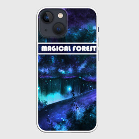 Чехол для iPhone 13 mini с принтом MAGICAL FOREST в Сыктывкаре,  |  | звездное небо | магический лес | неоновая пыль | неоновые линии | озеро ночью | отражение в озере | светлячки в лесу