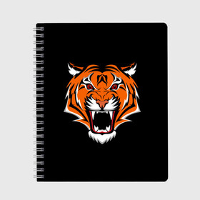 Тетрадь с принтом ТИГР оскал в Сыктывкаре, 100% бумага | 48 листов, плотность листов — 60 г/м2, плотность картонной обложки — 250 г/м2. Листы скреплены сбоку удобной пружинной спиралью. Уголки страниц и обложки скругленные. Цвет линий — светло-серый
 | animal | beast | cat | cute | fluffy | hunter | lion | lion cub | lion king | mane | predator | red | tail | tiger | yellow | большая кошка | голова тигра | грива | животное | зверь | король лев | кот | милый | охотник | пушистый | тигр | тиг