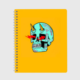 Тетрадь с принтом Черепок в Сыктывкаре, 100% бумага | 48 листов, плотность листов — 60 г/м2, плотность картонной обложки — 250 г/м2. Листы скреплены сбоку удобной пружинной спиралью. Уголки страниц и обложки скругленные. Цвет линий — светло-серый
 | граффити | кости | молнии | рога | рожки | скелет | тату | череп | черепок | черепушка