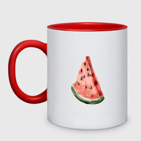 Кружка двухцветная с принтом Долька арбуза  в Сыктывкаре, керамика | объем — 330 мл, диаметр — 80 мм. Цветная ручка и кайма сверху, в некоторых цветах — вся внутренняя часть | black | green | object | read | арт | еда | иллюстрация | принт | ягода