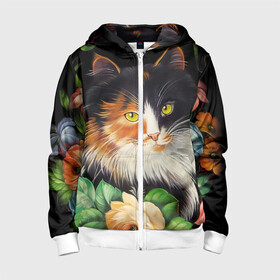 Детская толстовка 3D на молнии с принтом Трёхцветная кошка в Сыктывкаре, 100% полиэстер |  манжеты и пояс оформлены широкой мягкой резинкой, двухслойный капюшон со шнурком для регулировки, спереди карманы и застежка-молния
 | декоративная роспись | живопись | жостовская роспись | кошка | кошка трехцветная | цветы