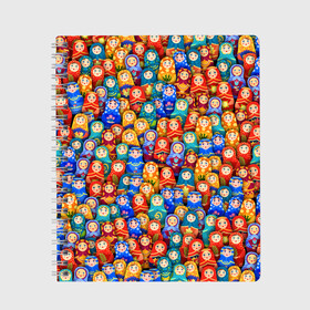 Тетрадь с принтом Матрёшки в Сыктывкаре, 100% бумага | 48 листов, плотность листов — 60 г/м2, плотность картонной обложки — 250 г/м2. Листы скреплены сбоку удобной пружинной спиралью. Уголки страниц и обложки скругленные. Цвет линий — светло-серый
 | matryoshka | кукла | матрёшка | паттерн | россия | русский | славянский | толпа | узор